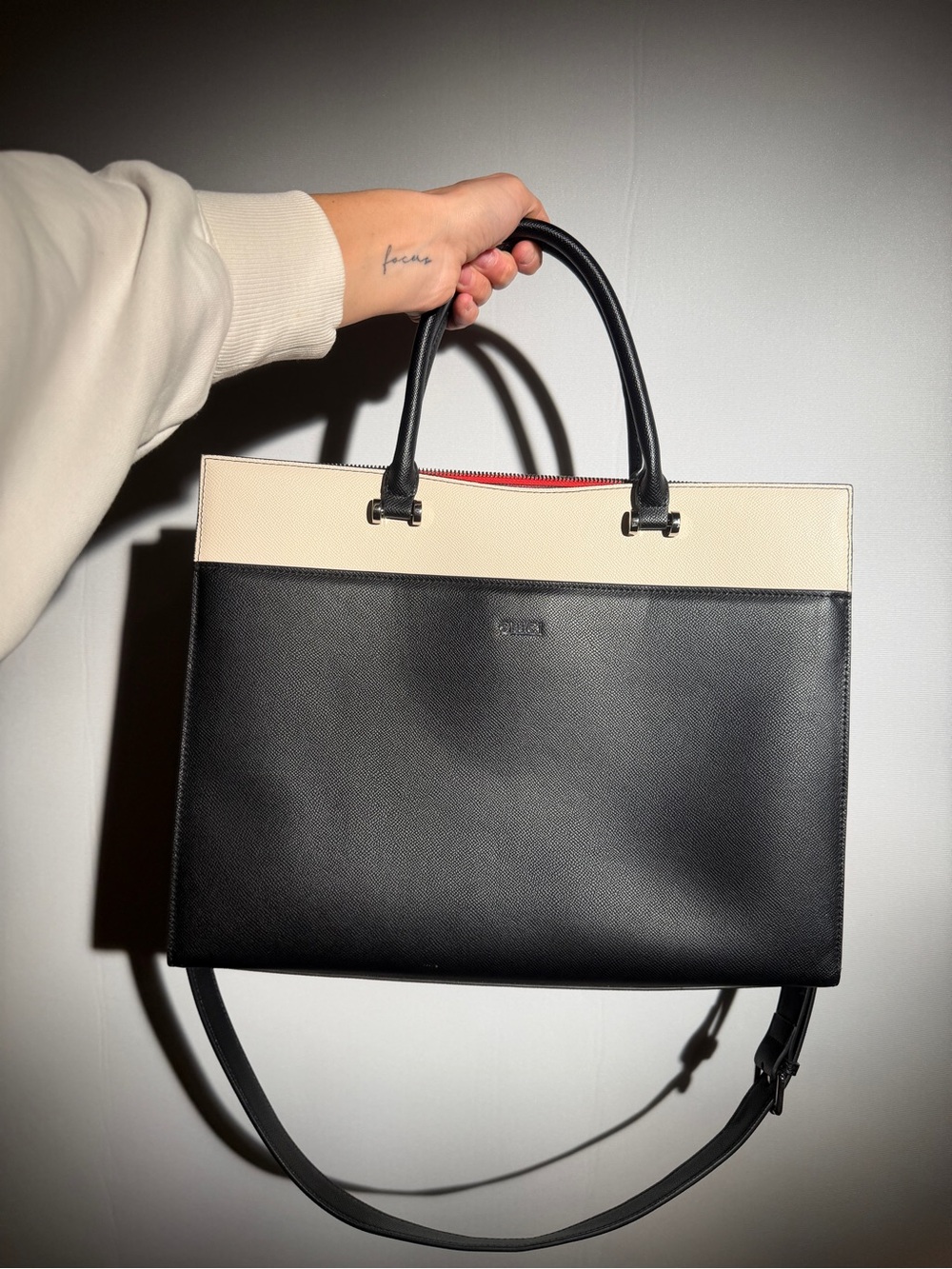 Black and Cream Structured Leather Tote
